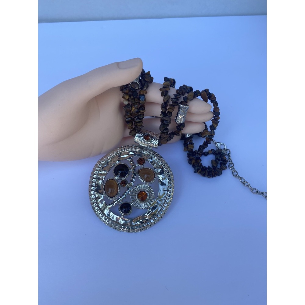 Necklace big pendant brown tone silver tone 17" inches bohemian chic 3"‎ pendant - Picture 7 of 12